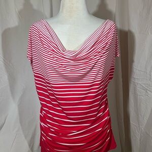 New York & Company Red and White Striped Drape Front Dolman Top